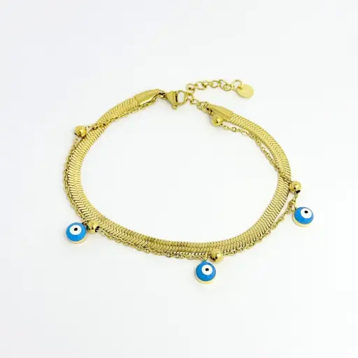 [AC-PL-162] Pulsera en acero gold doble ojitos azules