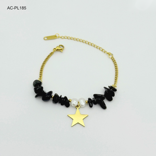 [AC-PL-185] *PULSERA EN ACERO GOLD PIEDRA NEGRA DIJE ESTRELLA