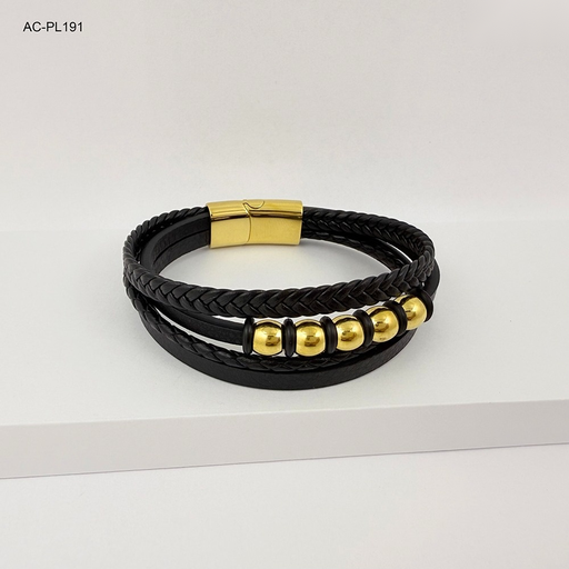 [AC-PL-191] *BRAZALETE EN ACERO CUERO TRIPLE HERRAJES DORADOS