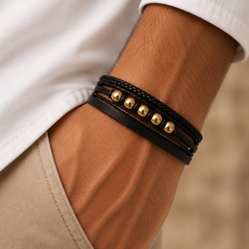 [AC-PL-191] Brazalete en acero cuero triple herrajes dorados
