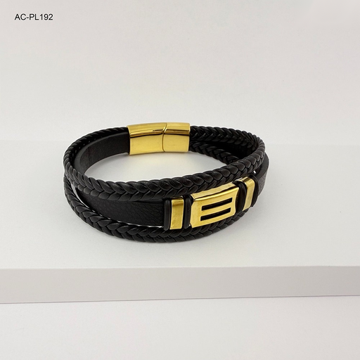 [AC-PL-192] *BRAZALETE EN ACERO CUERO TRIPLE HERRAJES DORADOS