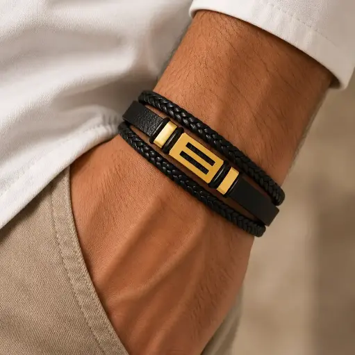 [AC-PL-192] Brazalete en acero cuero triple herrajes dorados modelo 2