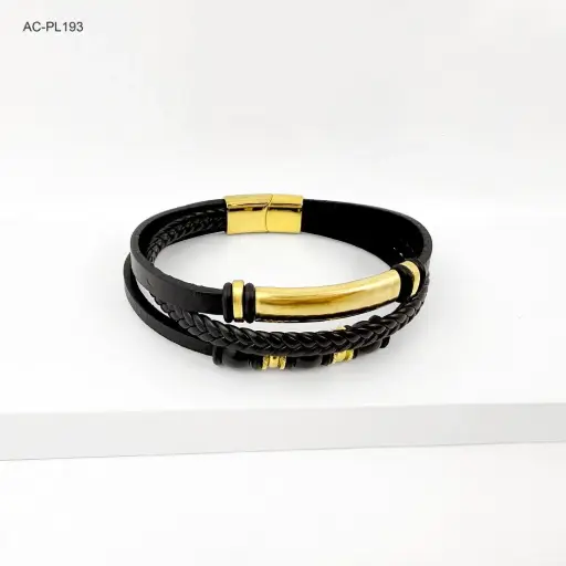 [AC-PL-193] *BRAZALETE EN ACERO CUERO TRIPLE HERRAJES DORADOS