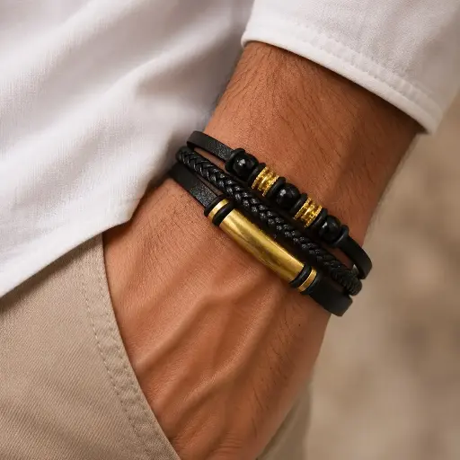[AC-PL-193] Brazalete en acero cuero triple herrajes dorados modelo 3