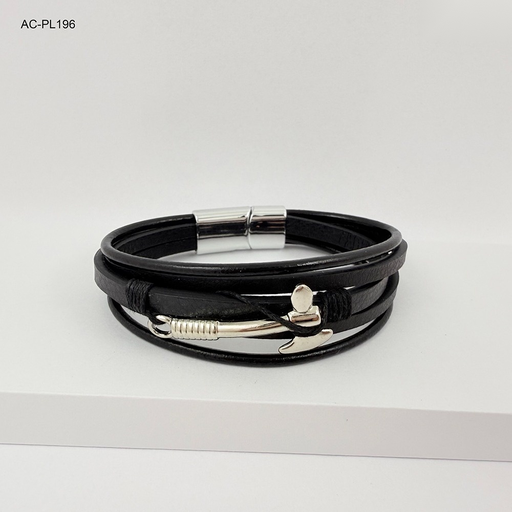 [AC-PL-196] *BRAZALETE EN ACERO CUERO TRIPLE HACHA HERRAJES PLATEADOS 