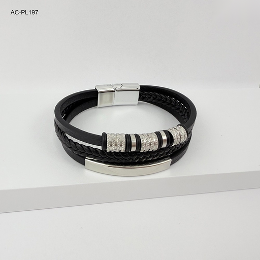 [AC-PL-197] *BRAZALETE EN ACERO CUERO TRIPLE HERRAJES PLATEADOS 