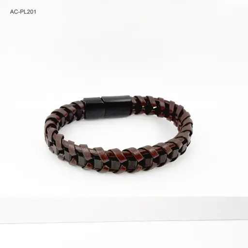 [AC-PL-201] *BRAZALETE EN ACERO CUERO CAFÉ BROCHES PAVONADOS