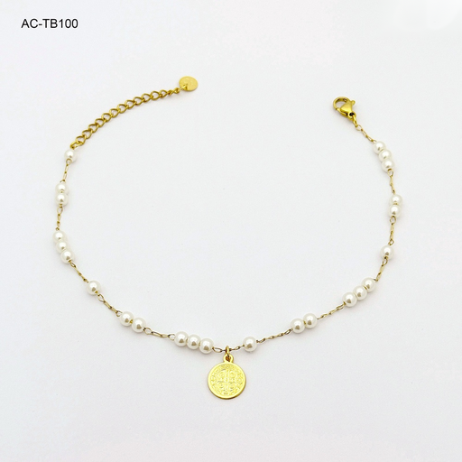 [AC-TB-100] *TOBILLERA EN ACERO GOLD MEDALLA SAN BENITO