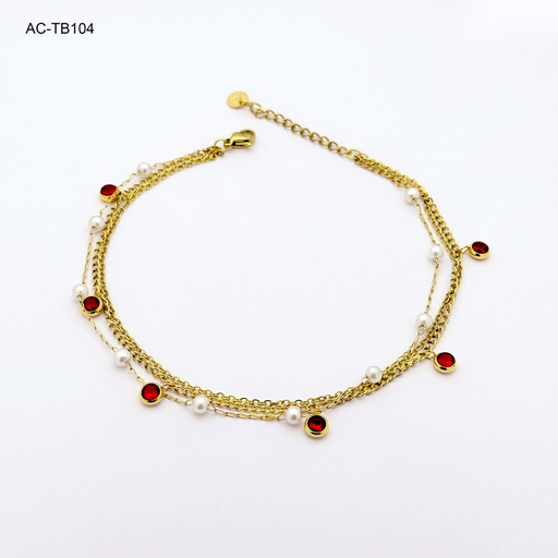 [AC-TB-104] Tobillera en acero gold triple perlas / cristal rojo