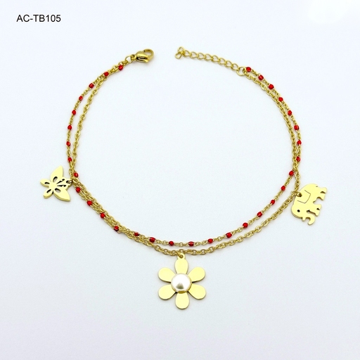 [AC-TB-105] Tobillera en acero gold doble piedras rojas figuras