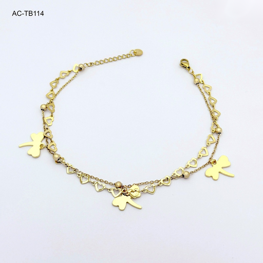 [AC-TB-114] Tobillera en acero gold doble corazones libélula