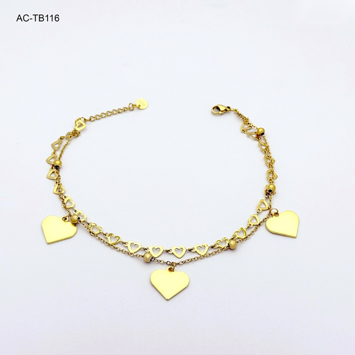 [AC-TB-116] Tobillera en acero gold doble corazones
