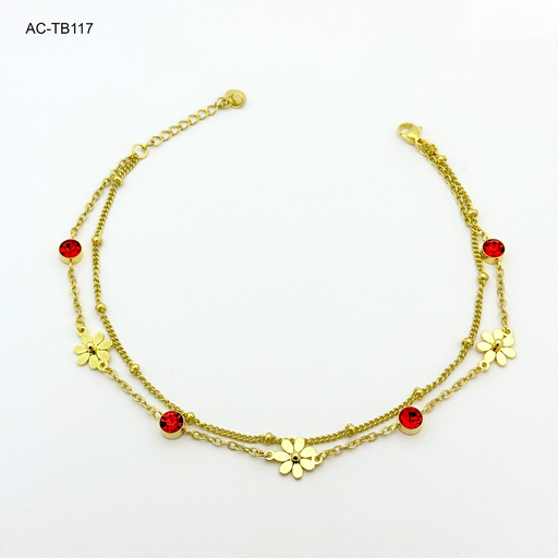 [AC-TB-117] *TOBILLERA EN ACERO GOLD DOBLE FLOR CRISTALES