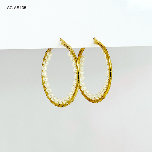[AC-AR-135] Argolla gold tejido perlas 4,3cm acero