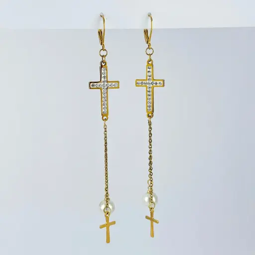 [AC-AR-202] Arete largo gold sistema gancho cruces perla acero