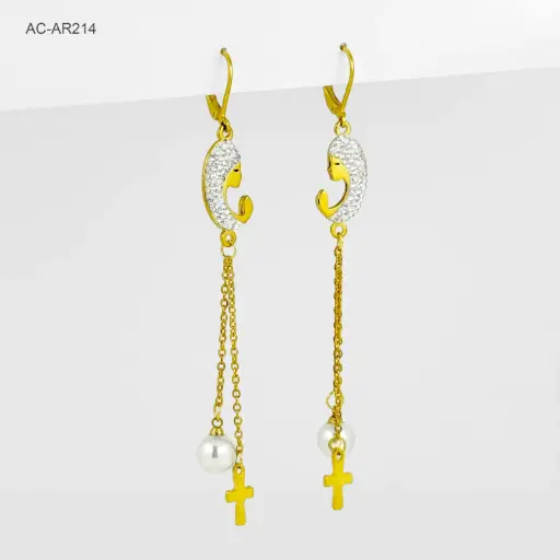 [AC-AR-214] Arete acero largo gold sistema gancho religioso