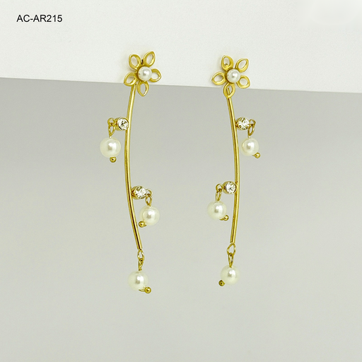 [AC-AR-215] Arete largo gold palo perlas topo flor acero