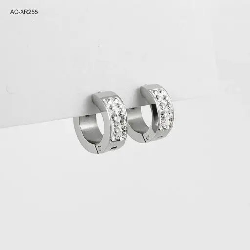 [AC-AR-255] *ARGOLLA HUGGIE ACERO SILVER DOBLE LÍNEA MICROCIRCONES BLANCOS