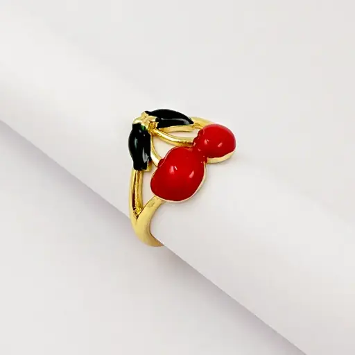 [G-AN-199] Anillo en rodinado gold ajustable cerezas esmaltado