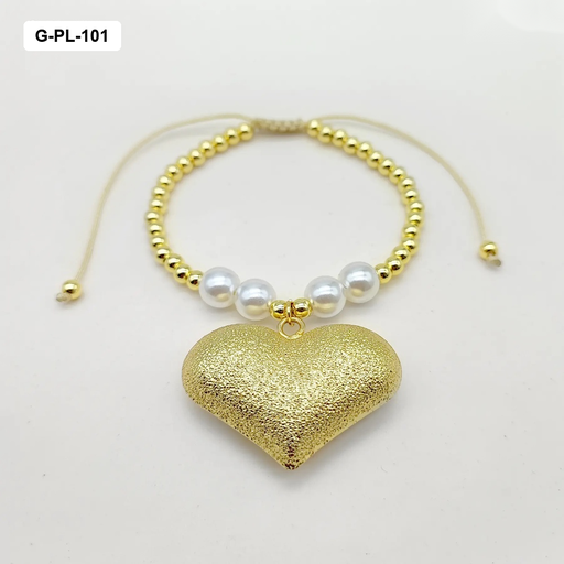 [G-PL-101] Pulsera gold en rodinado corazón satinado y perlas