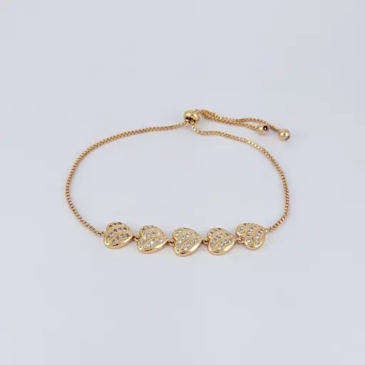 [G-PL-116] Pulsera en rodinado gold sistema ajustable corazones microcircones blancos