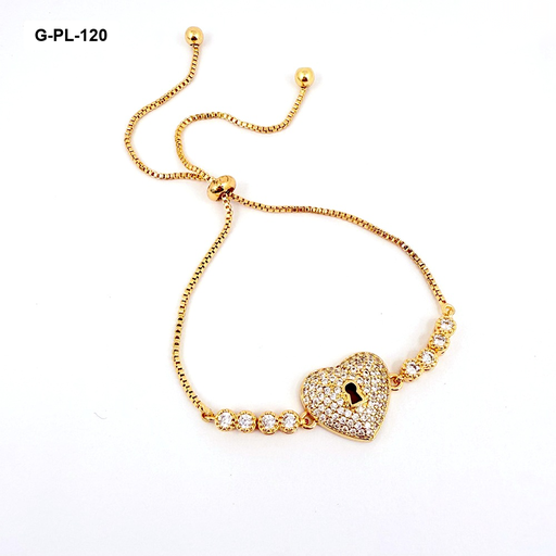 [G-PL-120] Pulsera en rodinado gold sistema ajustable corazón llave microcircones blancos