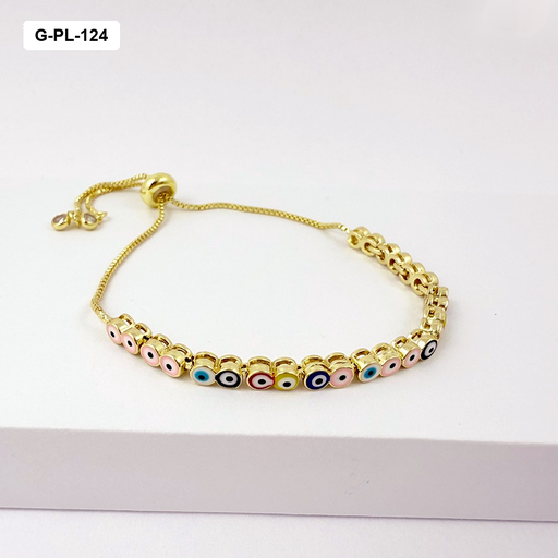 [G-PL-124] Pulsera en rodinado gold ajustable ojitos colores