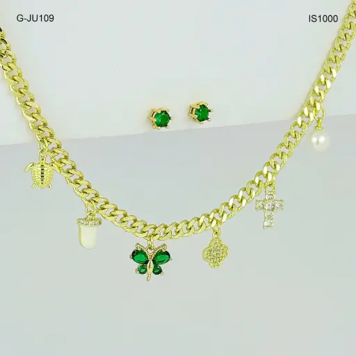 [G-JU-109] Juego en rodinado gold collar  charms aretes verdes