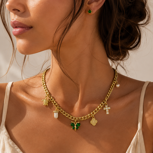 [G-JU-109] Juego en rodinado gold collar  charms aretes verdes