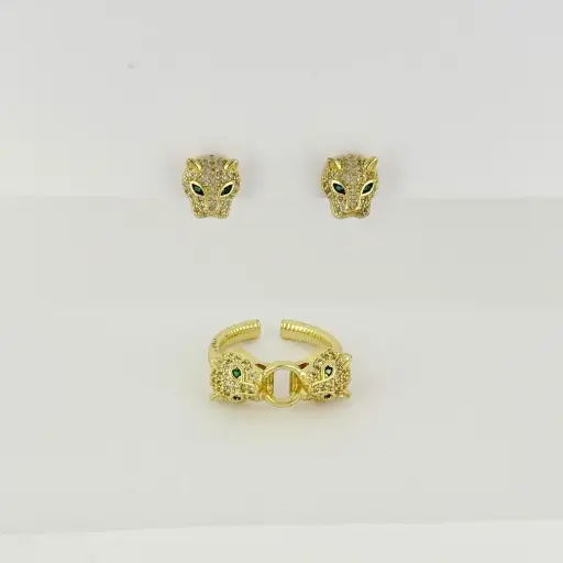 [G-JU-110] Set en rodinado gold topos + anillo pantera microcircones