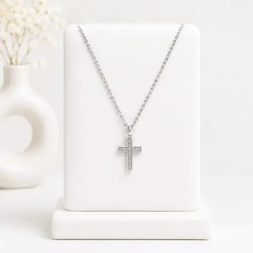 [G-CDD-125] Collar en rodinado silver dije cruz microcircones