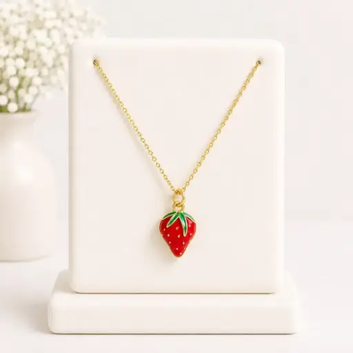 [G-CDD-133] Collar en rodinado gold dije fresa esmaltado