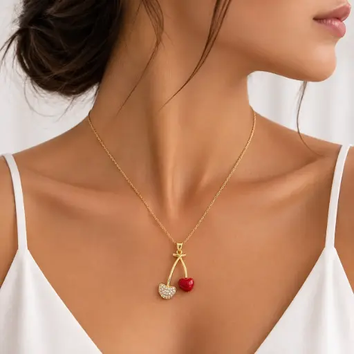 [G-CDD-134] Collar en rodinado gold dije cherrys esmaltado