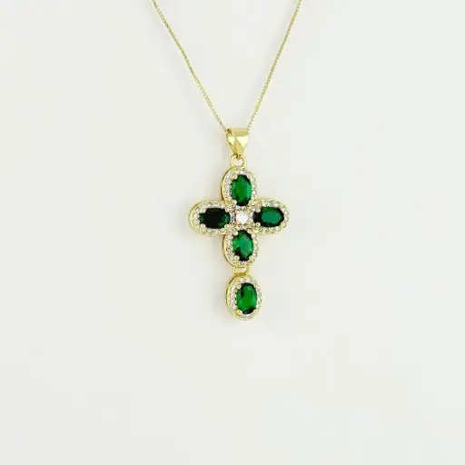 [G-CDD-137] Collar en rodinado gold línea especial cruz cristales verdes 