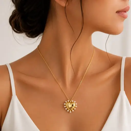 [G-CDD-142] Collar en rodinado gold dije corazón perlas