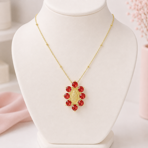 [G-CDD-177] Collar en rodinado gold línea especial medalla virgen cristales magenta