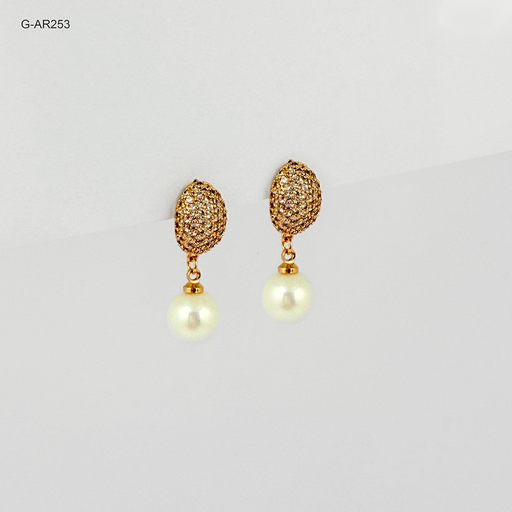[G-AR-253] Arete de presión rodinado gold microcircones blanco dije perla