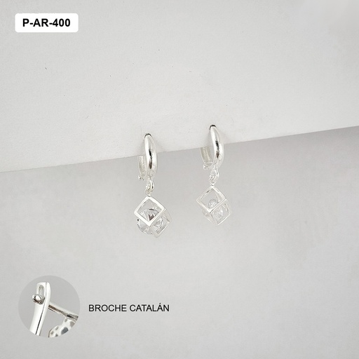 [P-AR-400] Aretes en plata ley 925 broche catalán cubo cristal