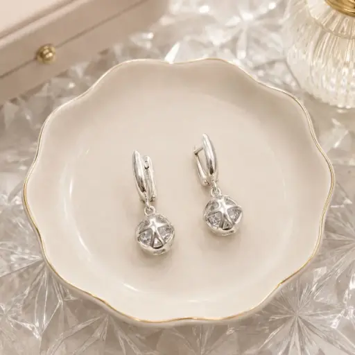 [P-AR-404] Aretes en plata ley 925 broche catalán bola cristal