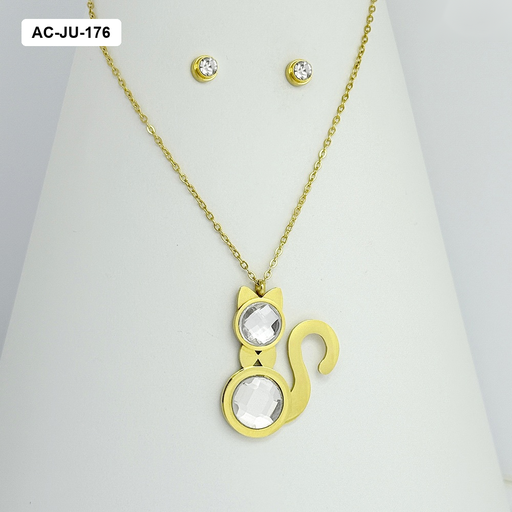 [AC-JU-176] *JUEGO EN ACERO GOLD GATO CRISTAL 