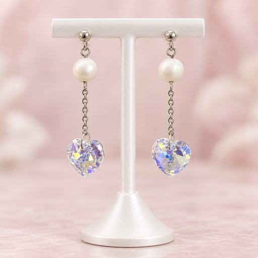 [P-AR-519] Aretes en Plata Ley 925 largos corazón cristal