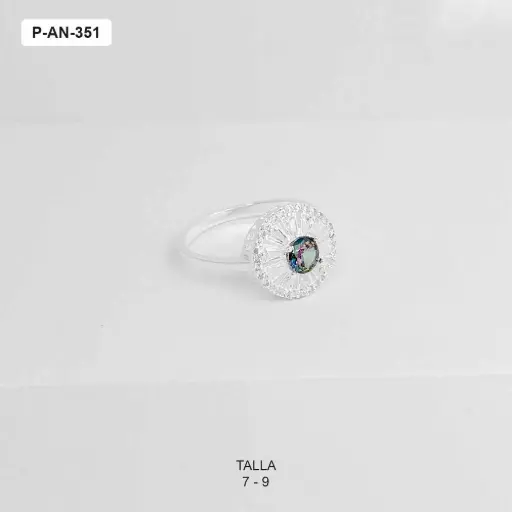 [P-AN-351] Anillo en plata ley 925 thai redondo cristales baguette piedra tornasol