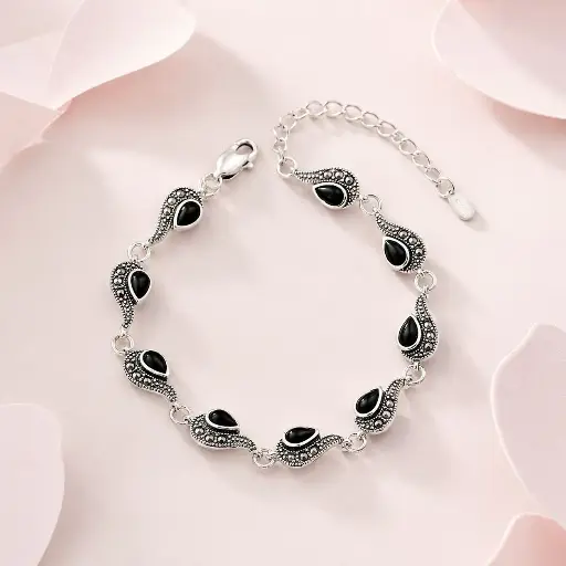 [P-PL-283] Pulsera en plata ley 925 plata quemada marquesita circones negros