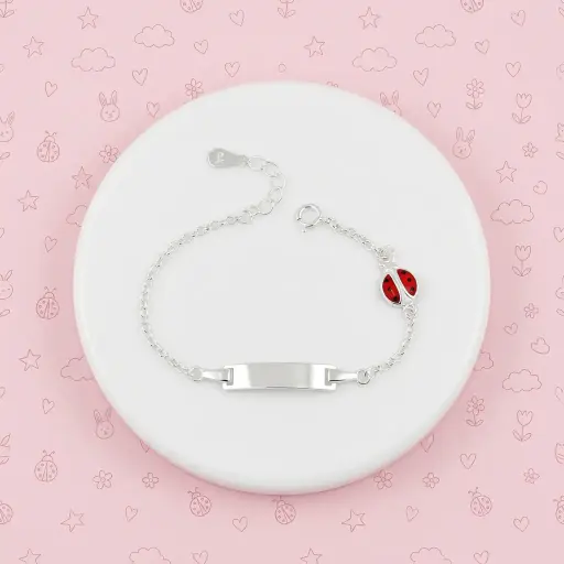 [P-PL-288] Pulsera en plata ley 925 esclava bebé mariquita esmaltado 12cm con extensión
