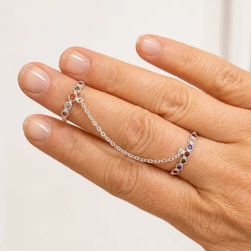 [P-AN-361] Anillo en plata ley 925 tipo hindú doble nudillo microcircones colores