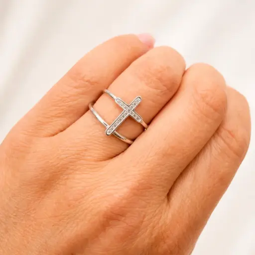 [P-AN-363] Anillo en plata ley 925 doble cruz microcircones