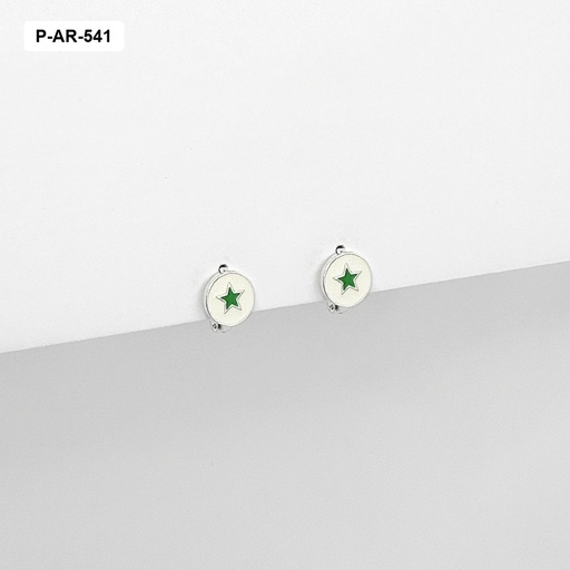[P-AR-541] Aretes en plata ley 925 sistema gancho circulo esmaltado blanco estrella verde