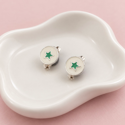 [P-AR-541] Aretes en plata ley 925 sistema gancho circulo esmaltado blanco estrella verde