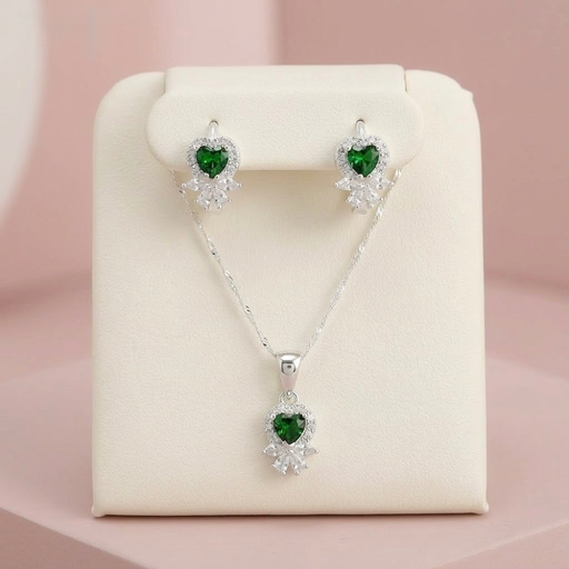 [P-JU-194] Juego en plata ley 925 corazón cristal verde esmeralda