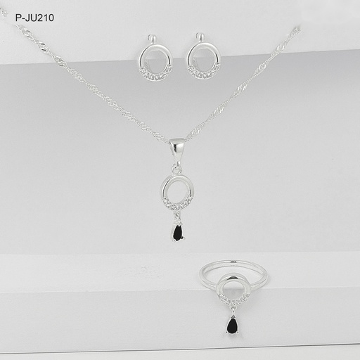 [P-JU-210] Juego en plata ley 925 cristal negro gota con anillo incluído (talla única 9)